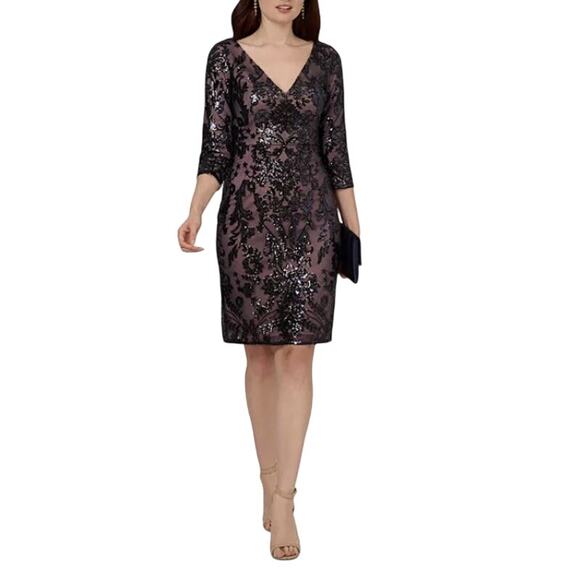 NWT Adrianna Papell Sequined V-Neck 3/4-Sleeve Sheath Navy Dress Size 10 - Picture 1 of 11
